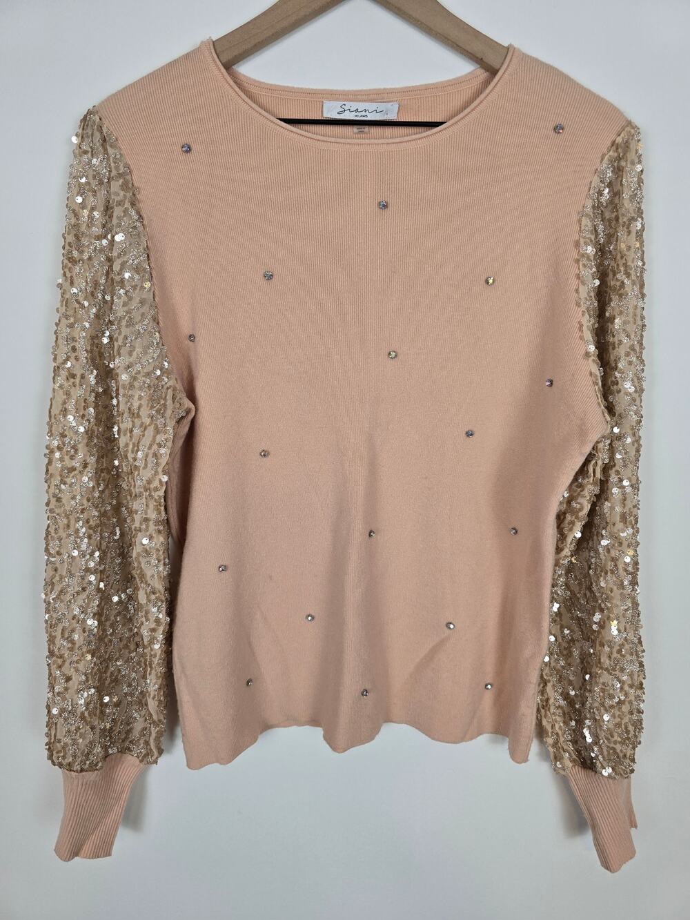 Sioni Blush Pink Sweater Gold Sequin Statement Sleeves Size Large